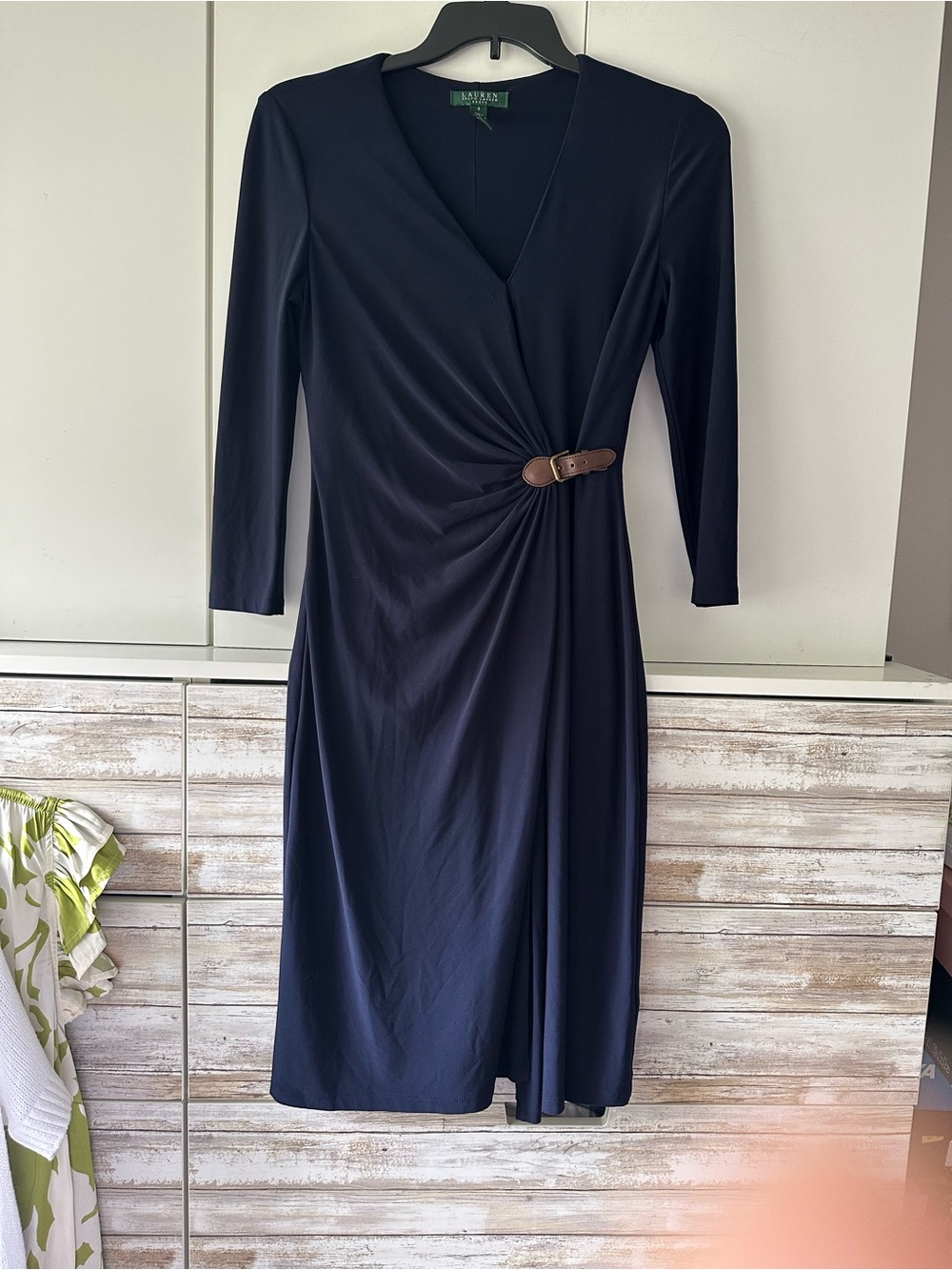 💙 Lauren Ralph Lauren Navy Faux Wrap Buckle Dress Size 4